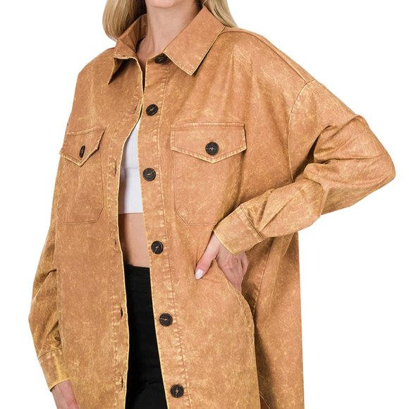 Zenana Outfitters Jackets & Blazers - Deep Camel Poplin Vintage-Wash Oversized Shacket/NWOT/L